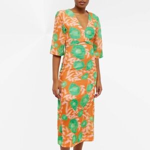 NWT GANNI Women's Printed Light Crepe V-Neck Dress in Vibrant Orange Size 34